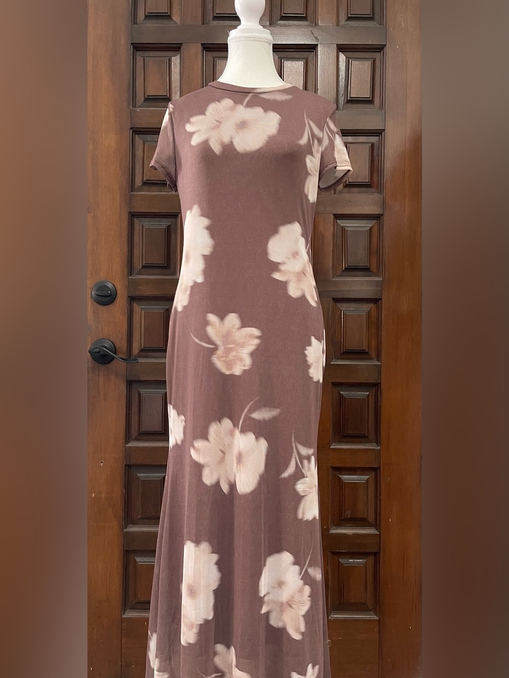 See You Monday Mauve Mesh Maxi Dress with Cream Blurred Floral Print